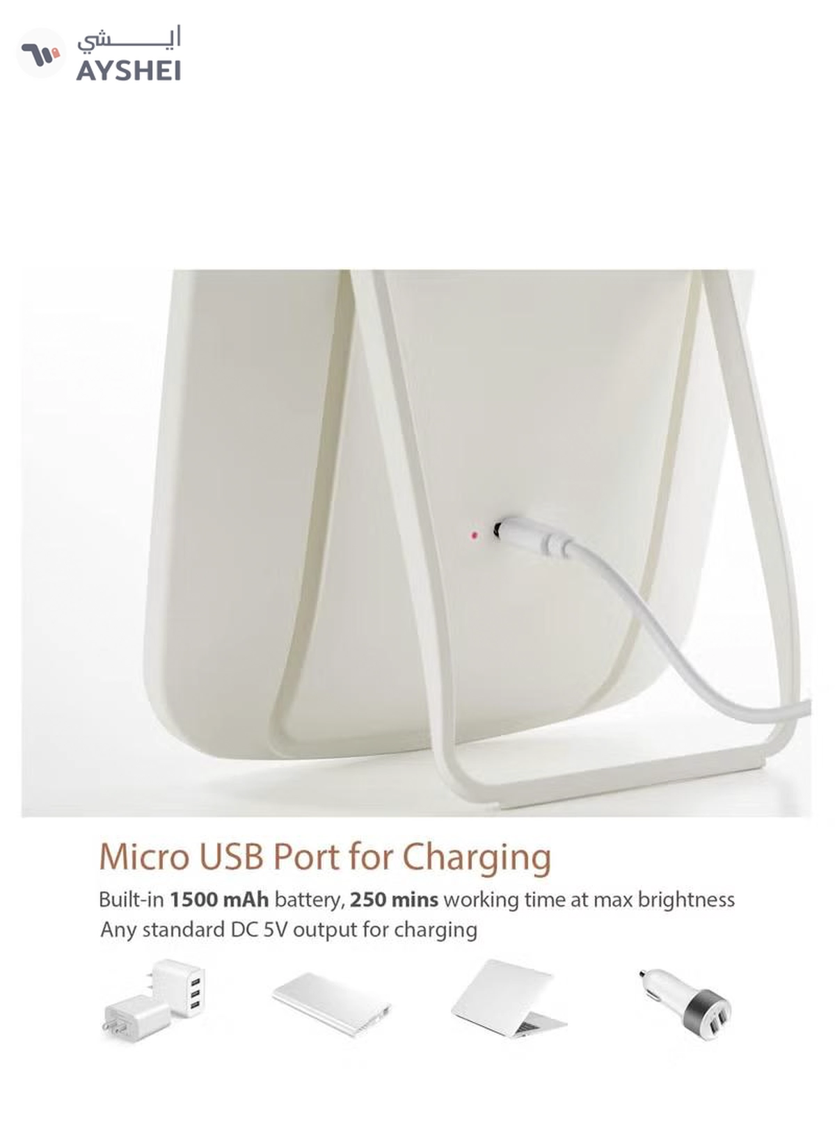 Glowudz makeup mirror with light, with touch screen, USB rechargeable tabletop , led brightness adjustable, white-3-3