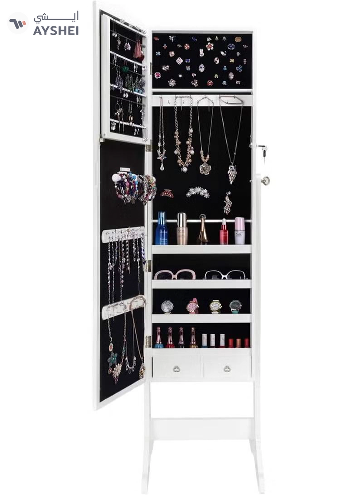 DubaiGallery Zipperl Dressing Mirror with Jewelry Box Full Length Mirror Jewelry Organizer Lockable Wood Standing Jewelry Armoire with Mirror-4-4
