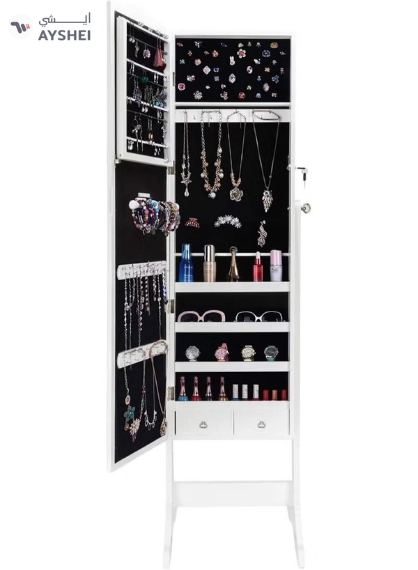 DubaiGallery Zipperl Dressing Mirror with Jewelry Box Full Length Mirror Jewelry Organizer Lockable Wood Standing Jewelry Armoire with Mirror