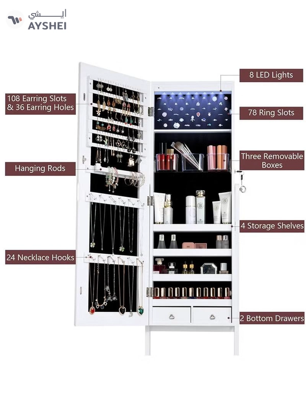 DubaiGallery Zipperl Dressing Mirror with Jewelry Box Full Length Mirror Jewelry Organizer Lockable Wood Standing Jewelry Armoire with Mirror