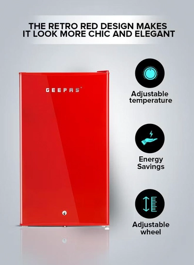 GEEPAS 120L Gross/92L Net Capacity, Single Door Mini Defrost Refrigerator With Retro Premium Design, Bottle Opener, Glass Shelves, Transparent Door Basket, Lock & Key, Low Noise, Low Voltage, Adjustable Front Wheel GRF1202RXE Red-1