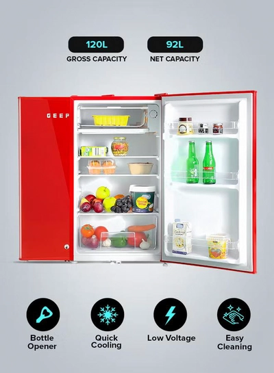 GEEPAS 120L Gross/92L Net Capacity, Single Door Mini Defrost Refrigerator With Retro Premium Design, Bottle Opener, Glass Shelves, Transparent Door Basket, Lock & Key, Low Noise, Low Voltage, Adjustable Front Wheel GRF1202RXE Red-3