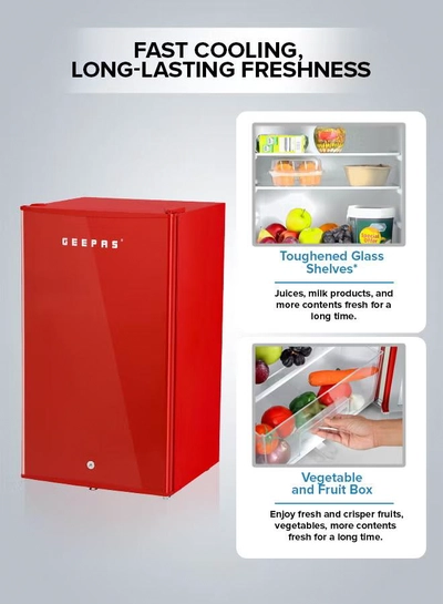 GEEPAS 120L Gross/92L Net Capacity, Single Door Mini Defrost Refrigerator With Retro Premium Design, Bottle Opener, Glass Shelves, Transparent Door Basket, Lock & Key, Low Noise, Low Voltage, Adjustable Front Wheel GRF1202RXE Red-2