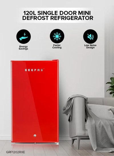 GEEPAS 120L Gross/92L Net Capacity, Single Door Mini Defrost Refrigerator With Retro Premium Design, Bottle Opener, Glass Shelves, Transparent Door Basket, Lock & Key, Low Noise, Low Voltage, Adjustable Front Wheel GRF1202RXE Red-0