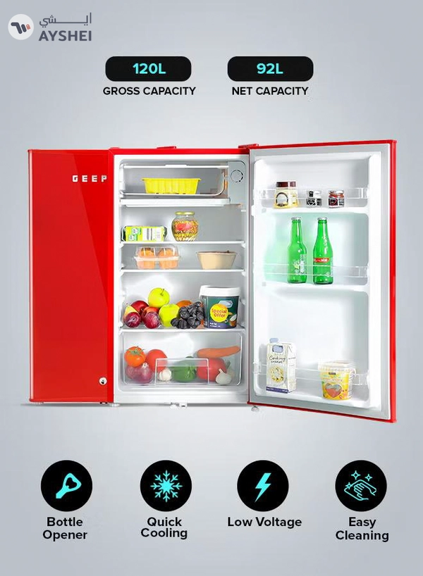 GEEPAS 120L Gross/92L Net Capacity, Single Door Mini Defrost Refrigerator With Retro Premium Design, Bottle Opener, Glass Shelves, Transparent Door Basket, Lock & Key, Low Noise, Low Voltage, Adjustable Front Wheel GRF1202RXE Red