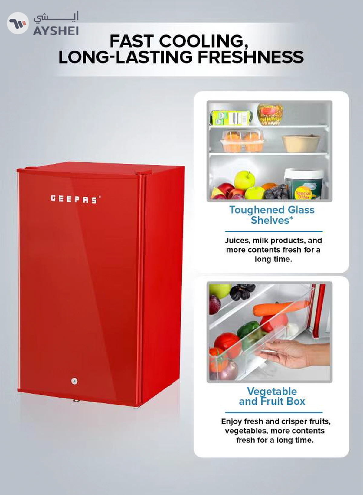GEEPAS 120L Gross/92L Net Capacity, Single Door Mini Defrost Refrigerator With Retro Premium Design, Bottle Opener, Glass Shelves, Transparent Door Basket, Lock & Key, Low Noise, Low Voltage, Adjustable Front Wheel GRF1202RXE Red-2-2