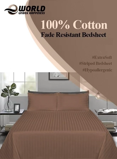 Eworld 3 Piece Luxury Dark Brown Striped Bed Sheet Set with 1 Deep Pocket Sheet and 2 Pillowcases-1