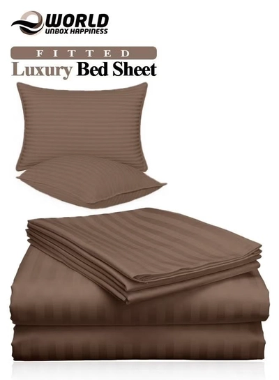 Eworld 3 Piece Luxury Dark Brown Striped Bed Sheet Set with 1 Deep Pocket Sheet and 2 Pillowcases-0