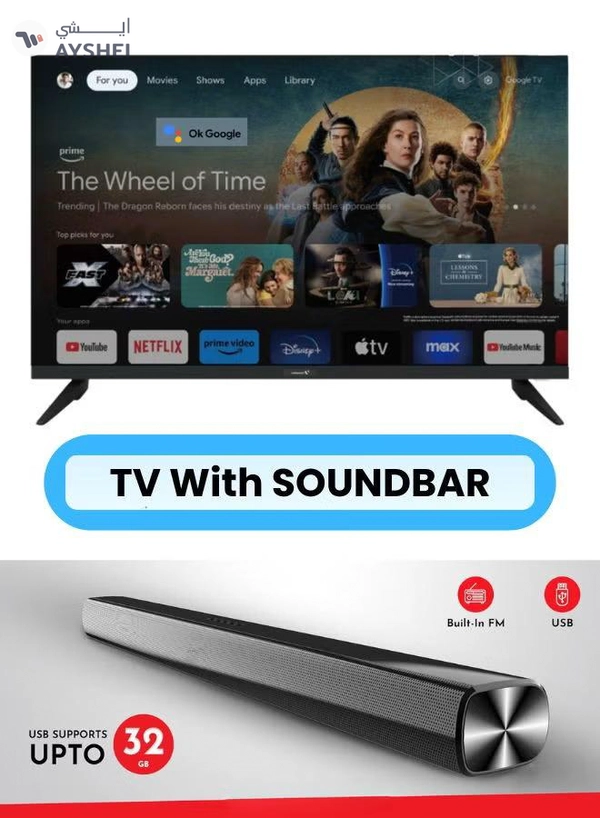 VIDEOCON 75 Inch 4K UHD Google TV with Voice Remote, Chromecast, 60Hz, HDR, Paired with 2.0 Channel 30W Soundbar, Bluetooth, USB, FM Radio E75ELGT1100+SOUNDBAR Black
