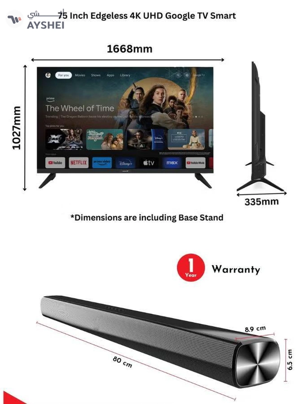 VIDEOCON 75 Inch 4K UHD Google TV with Voice Remote, Chromecast, 60Hz, HDR, Paired with 2.0 Channel 30W Soundbar, Bluetooth, USB, FM Radio E75ELGT1100+SOUNDBAR Black