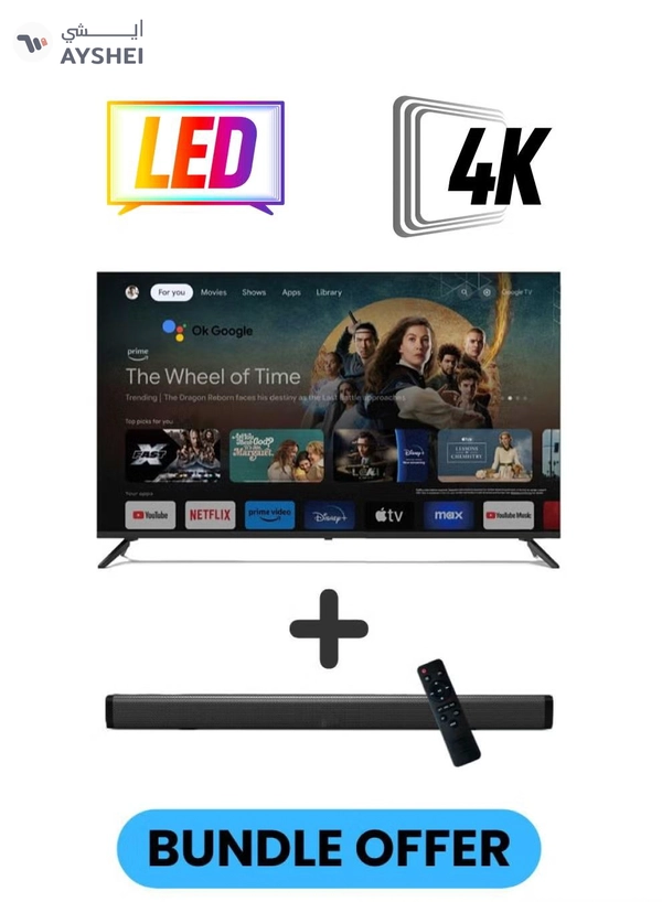 VIDEOCON 75 Inch 4K UHD Google TV with Voice Remote, Chromecast, 60Hz, HDR, Paired with 2.0 Channel 30W Soundbar, Bluetooth, USB, FM Radio E75ELGT1100+SOUNDBAR Black