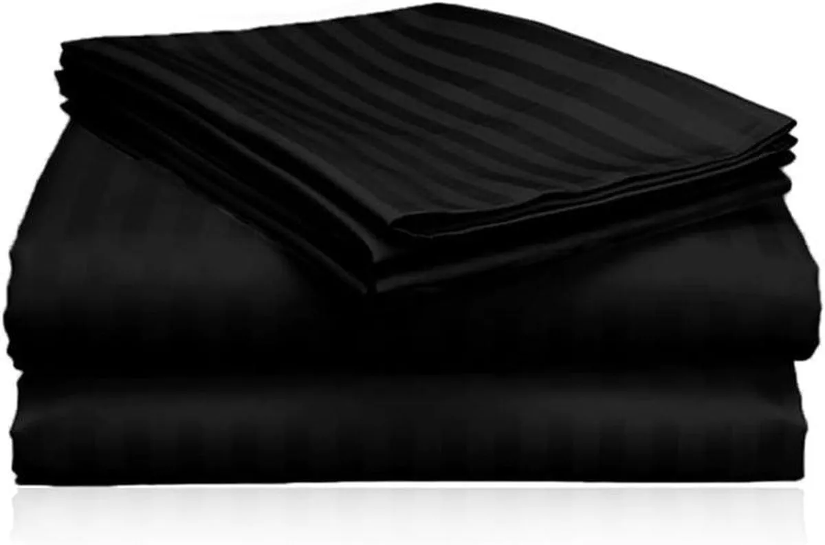 3pcs Fitted Bedsheet Set, 120x200cm, Deep Pocket (15–35cm), Striped Hotel Bed Sheet Set, Black