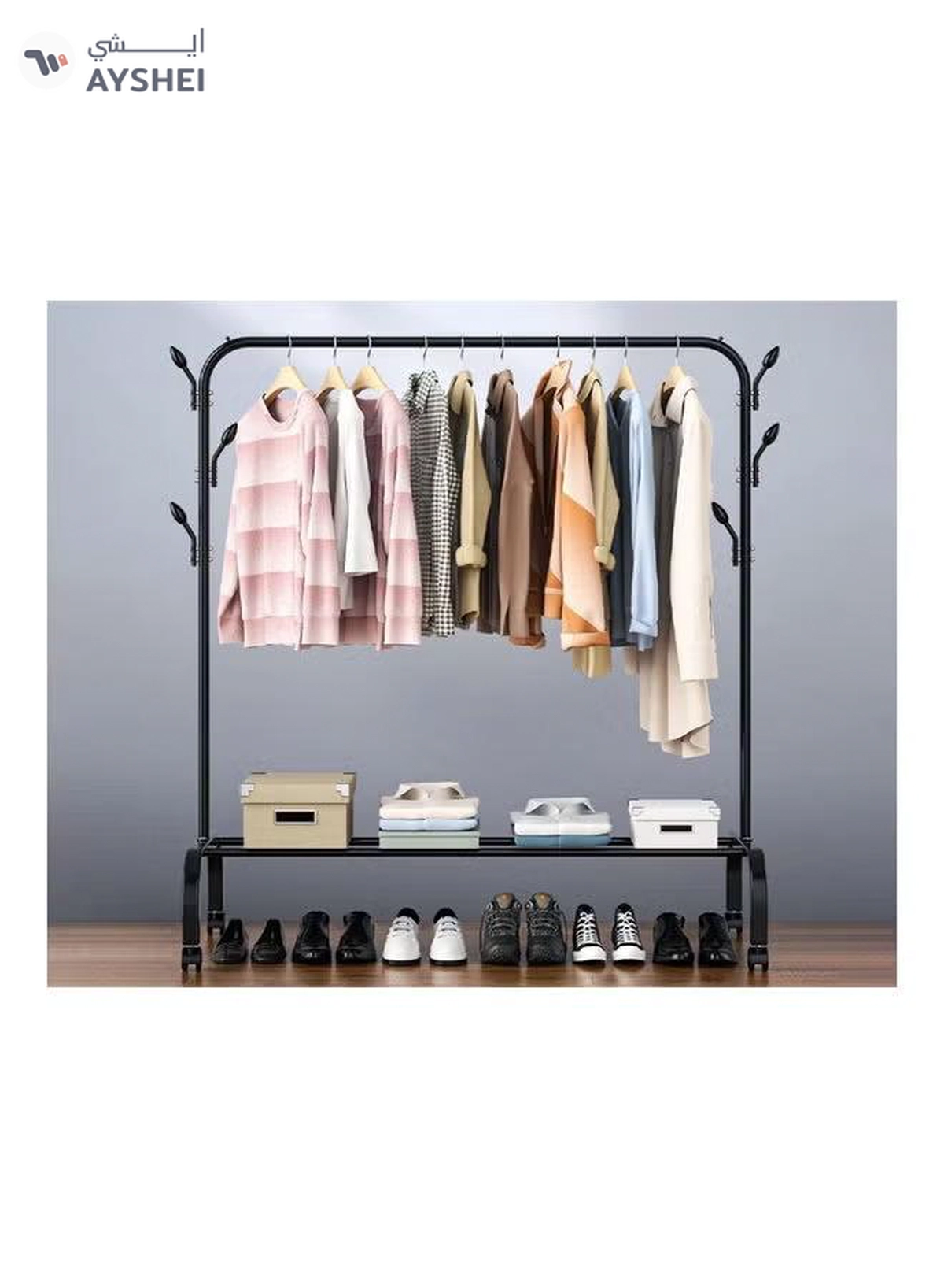 fashionhome Standing Clothes and Shoe Rack With Tree Shaped Holding Hooks Black 125x43x154cm-2-2