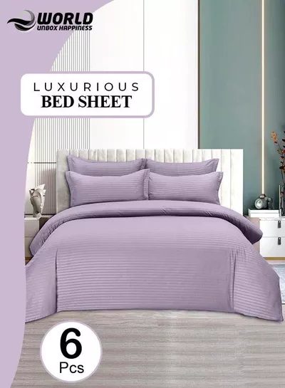 6 Piece Premium King Size Bedding Set, Purple Striped Design and High Quality Cotton Hotel Luxury Bedsheet, Soft Quilt Cover and Pillowcases-0