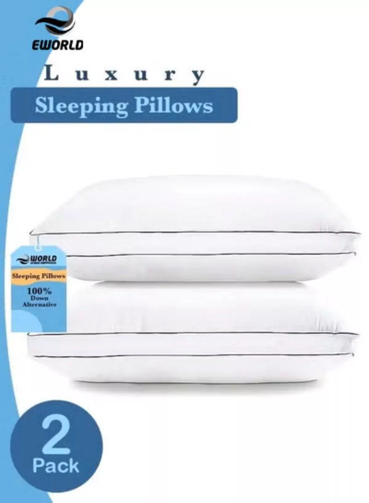 Set of 2 Premium Down Alternative Filled Bed Pillows in White with Breathable Cover, Double Piping, and Plush Bounce-Back Design
