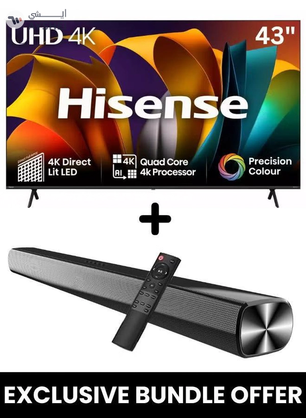 Hisense 43-Inch A62NS 4K UHD LED Smart TV + Powerful 2.0 Ch Soundbar | VIDAA Smart OS, 60 Hz, HDR10, Precision Colour, 4K AI Upscaling | USB, HDMI ARC, Bluetooth - 43A62NS+SOUNDBAR (2024) black