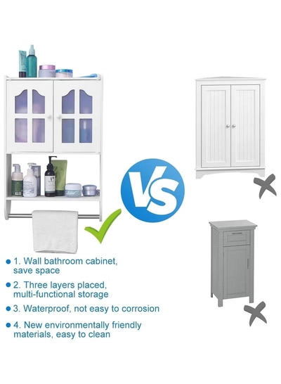 Eworld Versatile PVC Wall Bathroom Cabinet, Space-saving double-door Storage -3