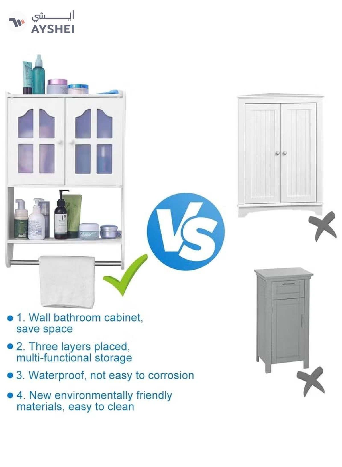 Eworld Versatile PVC Wall Bathroom Cabinet, Space-saving double-door Storage -3-3