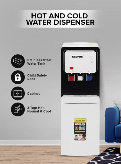 GEEPAS Hot and Cold Top Loded Water Dispenser| Stainless Steel Water Tank with Fast Cooling and 2 Taps, Hot and Cold| Low Noise and Environment Friendly, Perfect for Home, Shopping Malls, and Office GWD17019 white-0