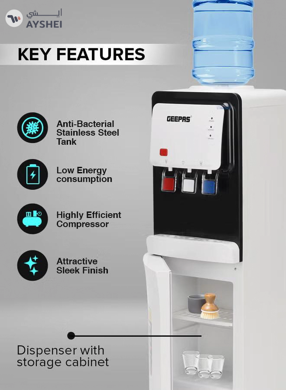 GEEPAS Hot and Cold Top Loded Water Dispenser| Stainless Steel Water Tank with Fast Cooling and 2 Taps, Hot and Cold| Low Noise and Environment Friendly, Perfect for Home, Shopping Malls, and Office GWD17019 white-2-2