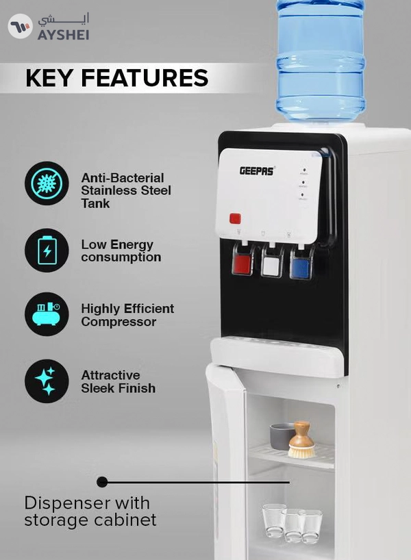 GEEPAS Hot and Cold Top Loded Water Dispenser| Stainless Steel Water Tank with Fast Cooling and 2 Taps, Hot and Cold| Low Noise and Environment Friendly, Perfect for Home, Shopping Malls, and Office GWD17019 white