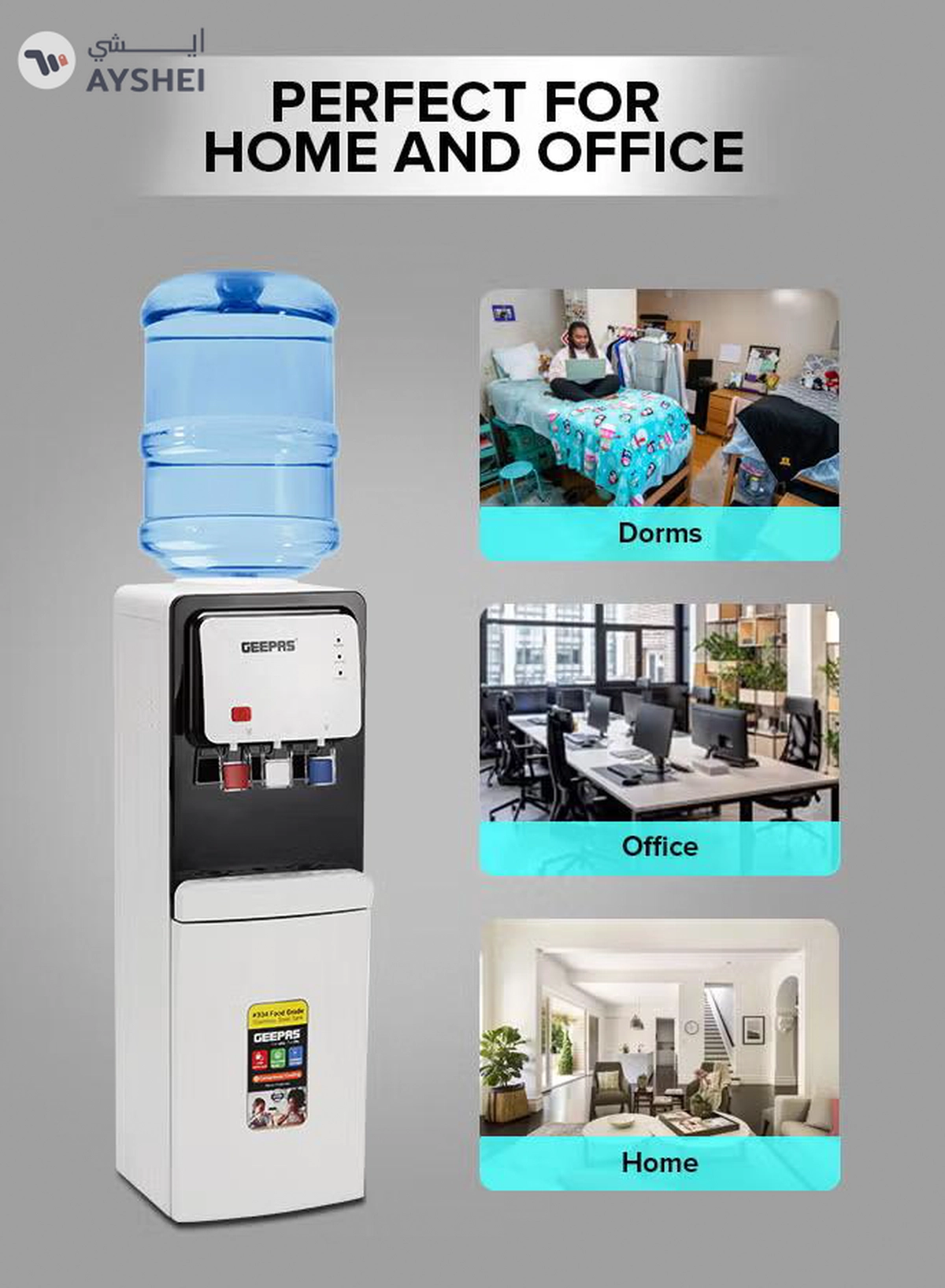 GEEPAS Hot and Cold Top Loded Water Dispenser| Stainless Steel Water Tank with Fast Cooling and 2 Taps, Hot and Cold| Low Noise and Environment Friendly, Perfect for Home, Shopping Malls, and Office GWD17019 white-3-3