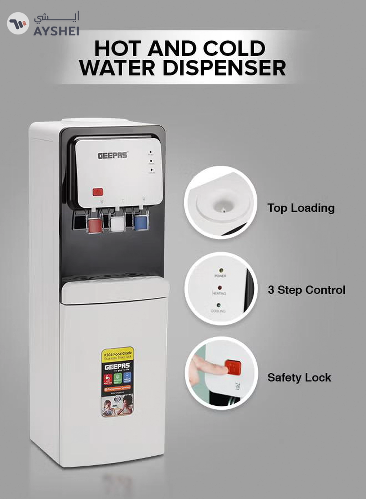 GEEPAS Hot and Cold Top Loded Water Dispenser| Stainless Steel Water Tank with Fast Cooling and 2 Taps, Hot and Cold| Low Noise and Environment Friendly, Perfect for Home, Shopping Malls, and Office GWD17019 white-4-4