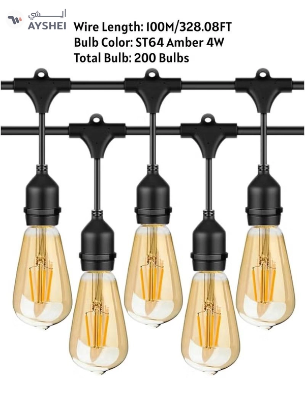 Yuwell Outdoor Waterproof IP65 Led String Lights E27 Holder 100 Meter Bulb Holder Wire With 200 Bulbs 4W ST64 Amber With EU Plug Solar Bulb Holder For Ramadan Decoration Lights And Outdoor Decoration Light Hanging Light String Wire Ramadan Light For Commercial Patio Garden & Porch Yard