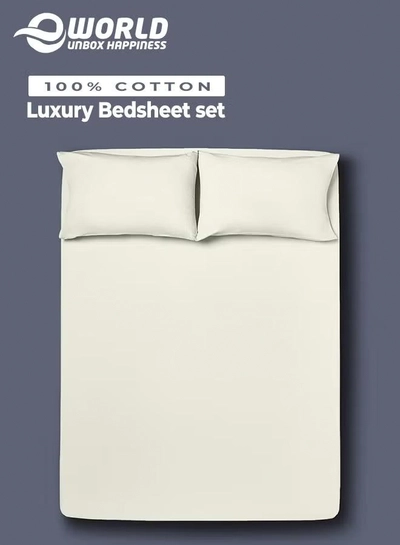 Eworld 3 Piece Luxury Cream Color Plain Bed Sheet Set with 1 Fitted Sheet and 2 Pillowcases -0