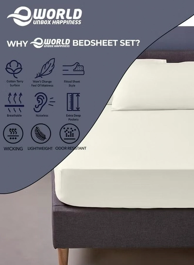 Eworld 3 Piece Luxury Cream Color Plain Bed Sheet Set with 1 Fitted Sheet and 2 Pillowcases -2