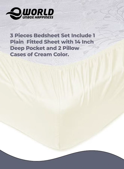 Eworld 3 Piece Luxury Cream Color Plain Bed Sheet Set with 1 Fitted Sheet and 2 Pillowcases -4