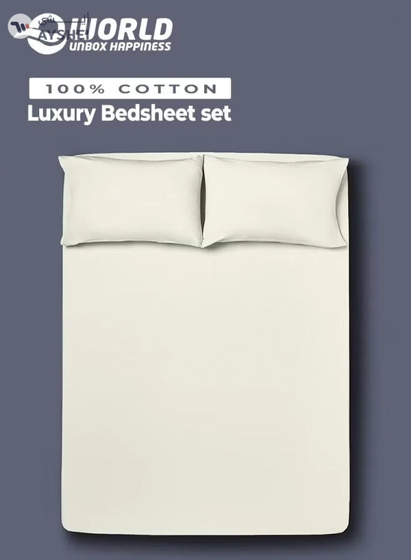 Eworld 3 Piece Luxury Cream Color Plain Bed Sheet Set with 1 Fitted Sheet and 2 Pillowcases