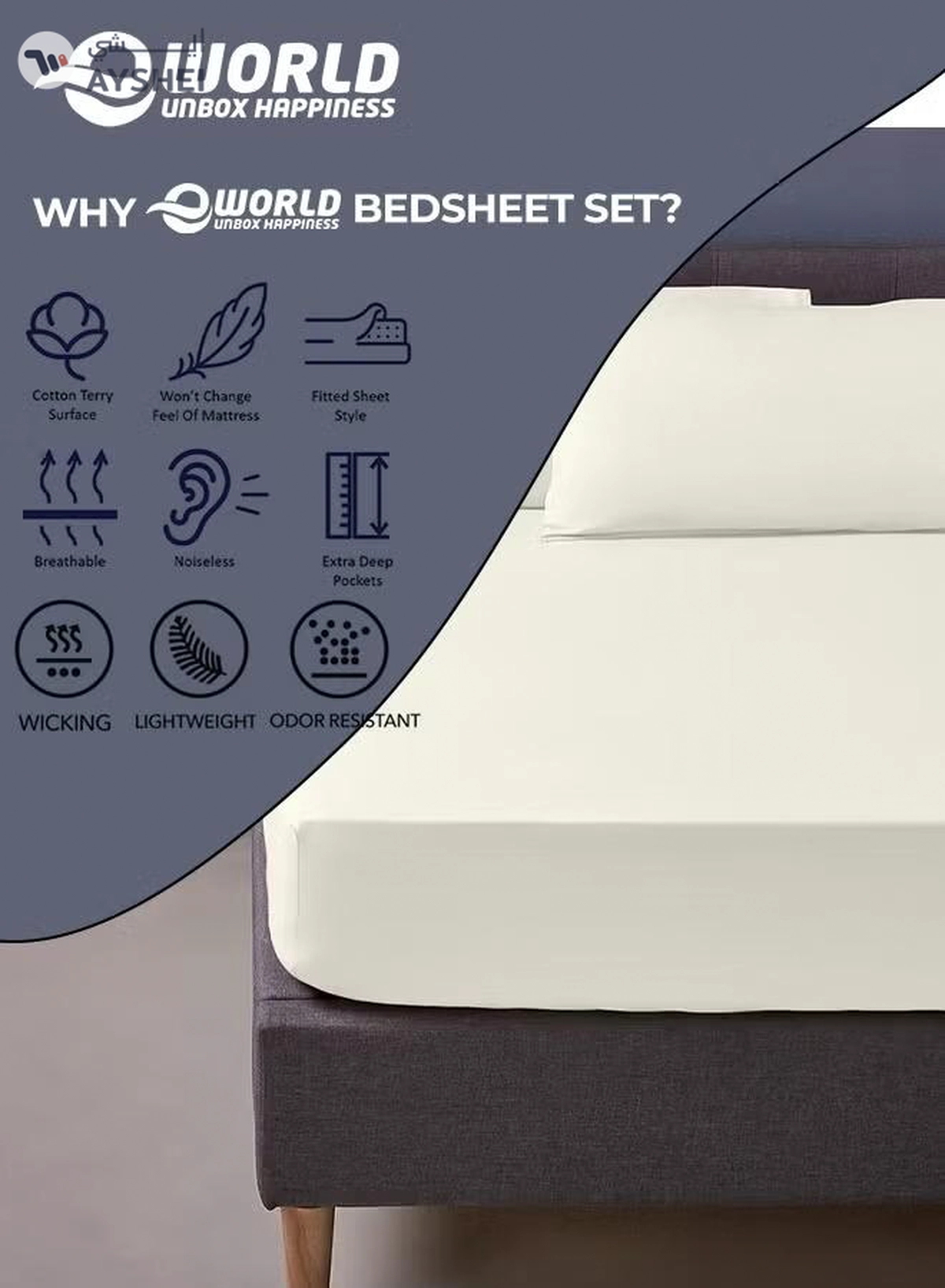 Eworld 3 Piece Luxury Cream Color Plain Bed Sheet Set with 1 Fitted Sheet and 2 Pillowcases -2-2