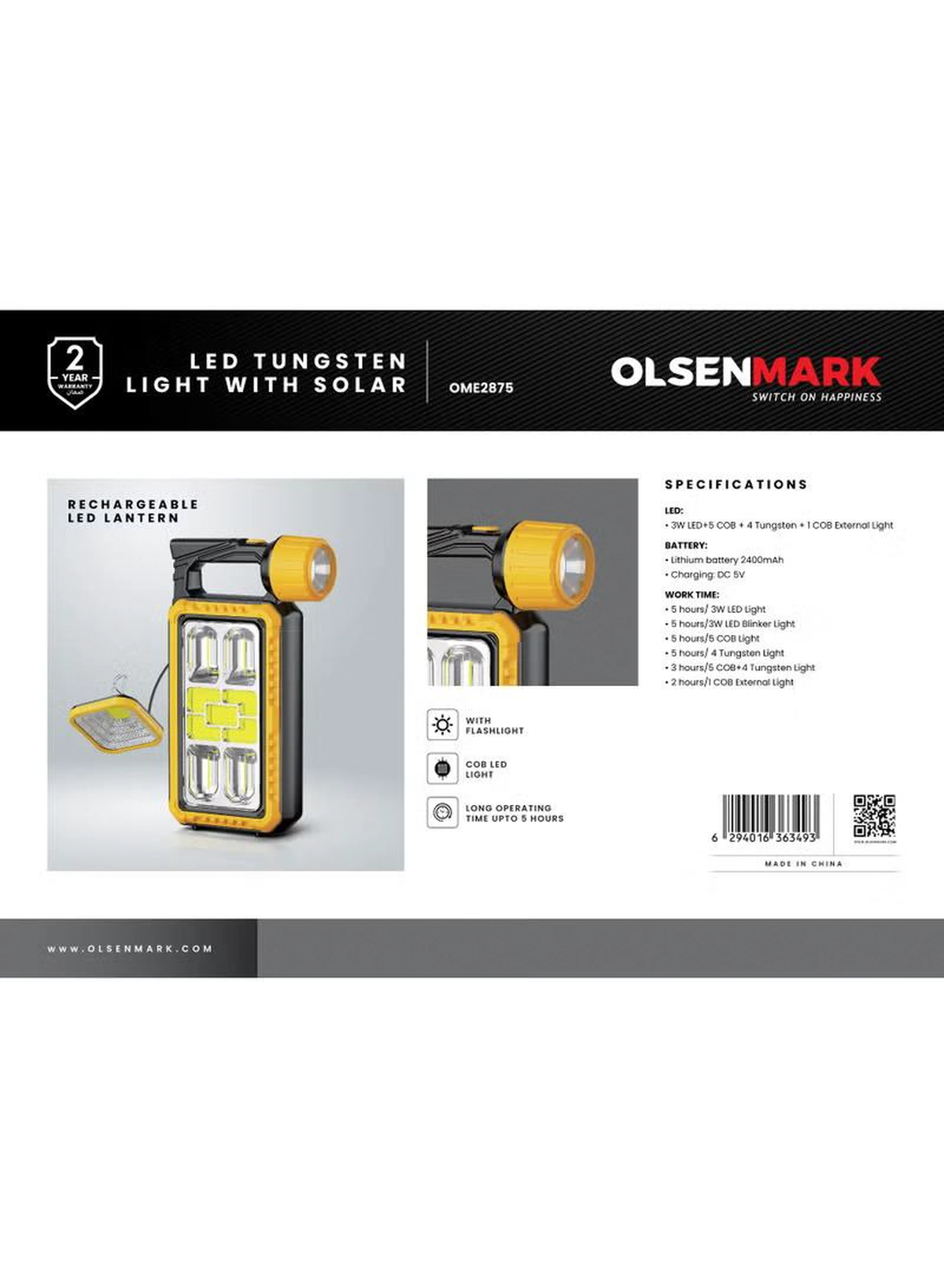 Olsenmark LED Tungsten Light with Solar OME2875 | 3W LED, 5 COB, 4 Tungsten Lights + 1 COB External Light | 2400mAh Battery, Long-Lasting, Top Handle, USB & Solar Charging | Black & Yellow, 2-Year Warranty-1-1