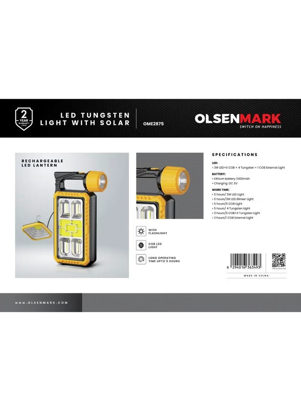 Olsenmark LED Tungsten Light with Solar OME2875 | 3W LED, 5 COB, 4 Tungsten Lights + 1 COB External Light | 2400mAh Battery, Long-Lasting, Top Handle, USB & Solar Charging | Black & Yellow, 2-Year Warranty
