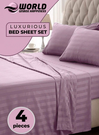 4-Piece Luxury Pink Striped Bedding Set Includes 1 Regular Bedsheet, 1 Fitted Bed Sheet, and 2 Pillow Cases for Ultimate Hotel-Inspired Sophistication in King, Queen and Single Sizes-0
