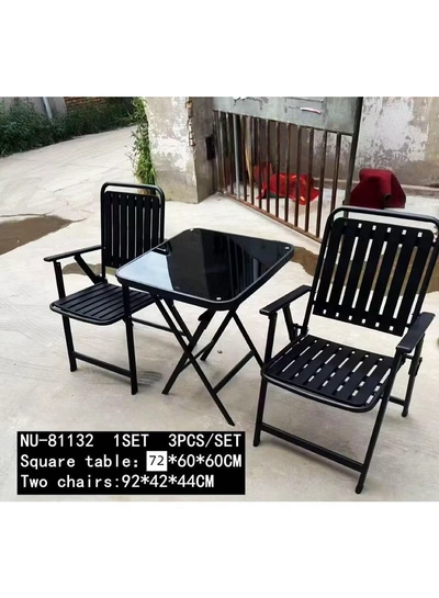 DubaiGallery Square Glass Table Outdoor Bistro Set with 2 Metal Chairs Chic and functional outdoor furniture set designed for comfort and durability, powder-coated metal frame, smooth glass tabletop, ideal for balcony relaxation or outdoor dining moments.-0