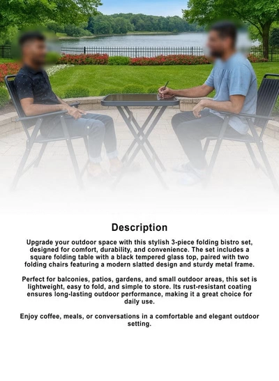 DubaiGallery Square Glass Table Outdoor Bistro Set with 2 Metal Chairs Chic and functional outdoor furniture set designed for comfort and durability, powder-coated metal frame, smooth glass tabletop, ideal for balcony relaxation or outdoor dining moments.-4