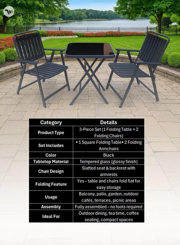 DubaiGallery Square Glass Table Outdoor Bistro Set with 2 Metal Chairs Chic and functional outdoor furniture set designed for comfort and durability, powder-coated metal frame, smooth glass tabletop, ideal for balcony relaxation or outdoor dining moments.