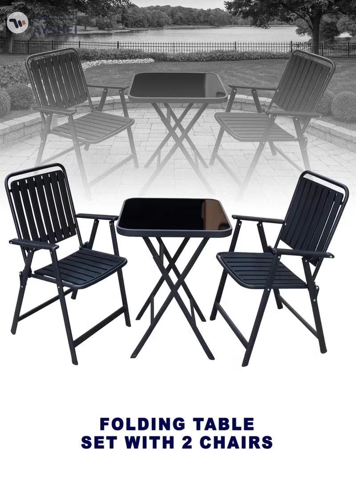 DubaiGallery Square Glass Table Outdoor Bistro Set with 2 Metal Chairs Chic and functional outdoor furniture set designed for comfort and durability, powder-coated metal frame, smooth glass tabletop, ideal for balcony relaxation or outdoor dining moments.-3-3