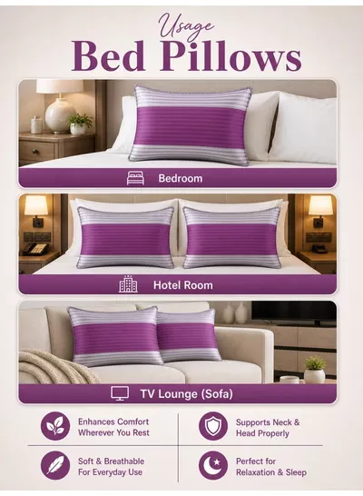 Eworld Pack of 2 Down Alternative Bed Pillows, 1250g Fill, Cotton Blend Cover, Hotel Quality, 50x75cm, Purple-Grey-2