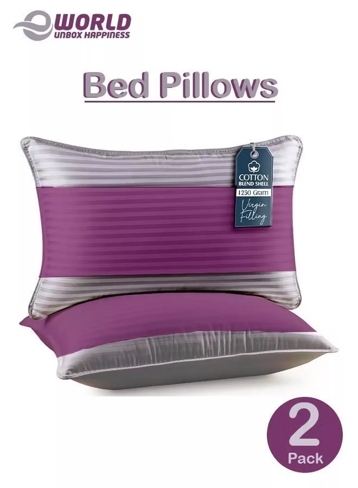 Eworld Pack of 2 Down Alternative Bed Pillows, 1250g Fill, Cotton Blend Cover, Hotel Quality, 50x75cm, Purple-Grey-1-1