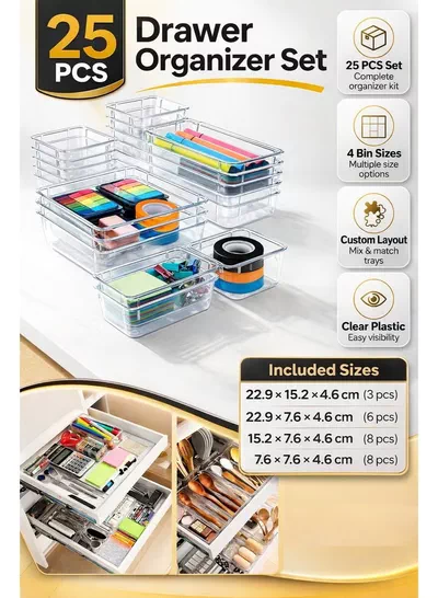 Eworld 25 PCS Clear Plastic Drawer Organizer Tray Set, Drawer Dividers Storage Bins, Non-Slip & Stackable Clear Organizers for Bathroom, Vanity, Makeup, Kitchen & Office Drawers, 4 Sizes with 100 Silicone Pads-5