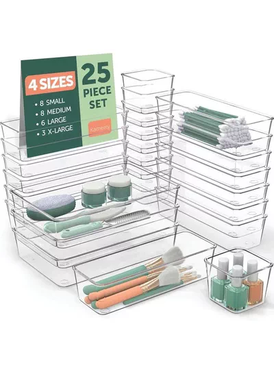 Eworld 25 PCS Clear Plastic Drawer Organizer Tray Set, Drawer Dividers Storage Bins, Non-Slip & Stackable Clear Organizers for Bathroom, Vanity, Makeup, Kitchen & Office Drawers, 4 Sizes with 100 Silicone Pads-0