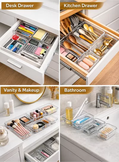 Eworld 25 PCS Clear Plastic Drawer Organizer Tray Set, Drawer Dividers Storage Bins, Non-Slip & Stackable Clear Organizers for Bathroom, Vanity, Makeup, Kitchen & Office Drawers, 4 Sizes with 100 Silicone Pads-6