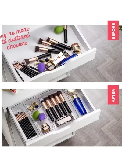 Eworld 25 PCS Clear Plastic Drawer Organizer Tray Set, Drawer Dividers Storage Bins, Non-Slip & Stackable Clear Organizers for Bathroom, Vanity, Makeup, Kitchen & Office Drawers, 4 Sizes with 100 Silicone Pads-3
