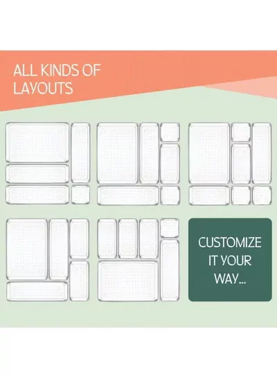 Eworld 25 PCS Clear Plastic Drawer Organizer Tray Set, Drawer Dividers Storage Bins, Non-Slip & Stackable Clear Organizers for Bathroom, Vanity, Makeup, Kitchen & Office Drawers, 4 Sizes with 100 Silicone Pads-1