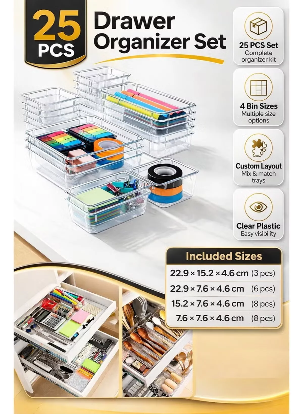 Eworld 25 PCS Clear Plastic Drawer Organizer Tray Set, Drawer Dividers Storage Bins, Non-Slip & Stackable Clear Organizers for Bathroom, Vanity, Makeup, Kitchen & Office Drawers, 4 Sizes with 100 Silicone Pads-5-5