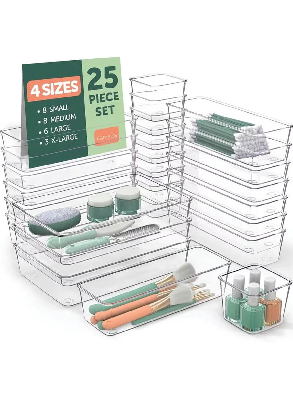 Eworld 25 PCS Clear Plastic Drawer Organizer Tray Set, Drawer Dividers Storage Bins, Non-Slip & Stackable Clear Organizers for Bathroom, Vanity, Makeup, Kitchen & Office Drawers, 4 Sizes with 100 Silicone Pads