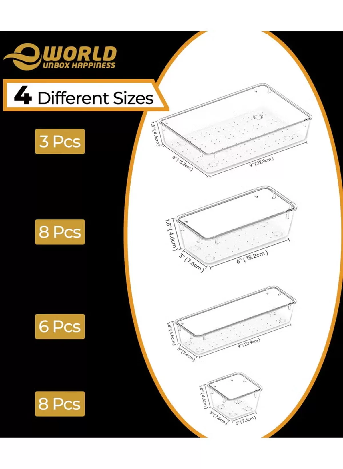 Eworld 25 PCS Clear Plastic Drawer Organizer Tray Set, Drawer Dividers Storage Bins, Non-Slip & Stackable Clear Organizers for Bathroom, Vanity, Makeup, Kitchen & Office Drawers, 4 Sizes with 100 Silicone Pads-2-2
